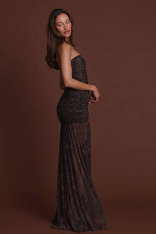 Embellished Bandeau Gathered Maxi Dress in Snake Hotfix