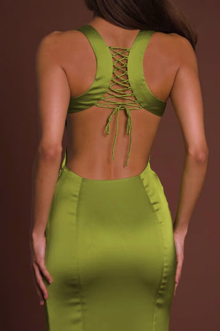 Scoop-Neck Lace-up Back Maxi Dress in Olive Green