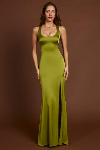 Scoop-Neck Lace-up Back Maxi Dress in Olive Green