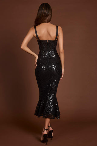 Embellished Peekaboo Corset Midaxi Dress in Black Zebra