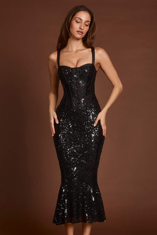 Embellished Peekaboo Corset Midaxi Dress in Black Zebra