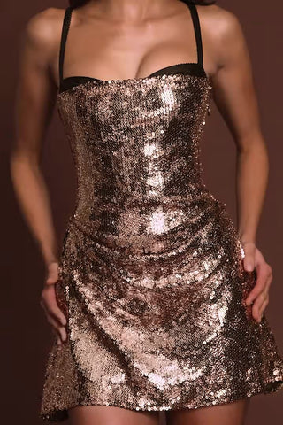 Embellished Corset A-line Mini Dress in Black Gold Foil