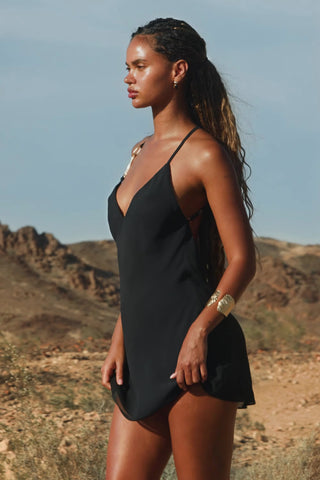 Open-Back A-Line Mini Dress in Black
