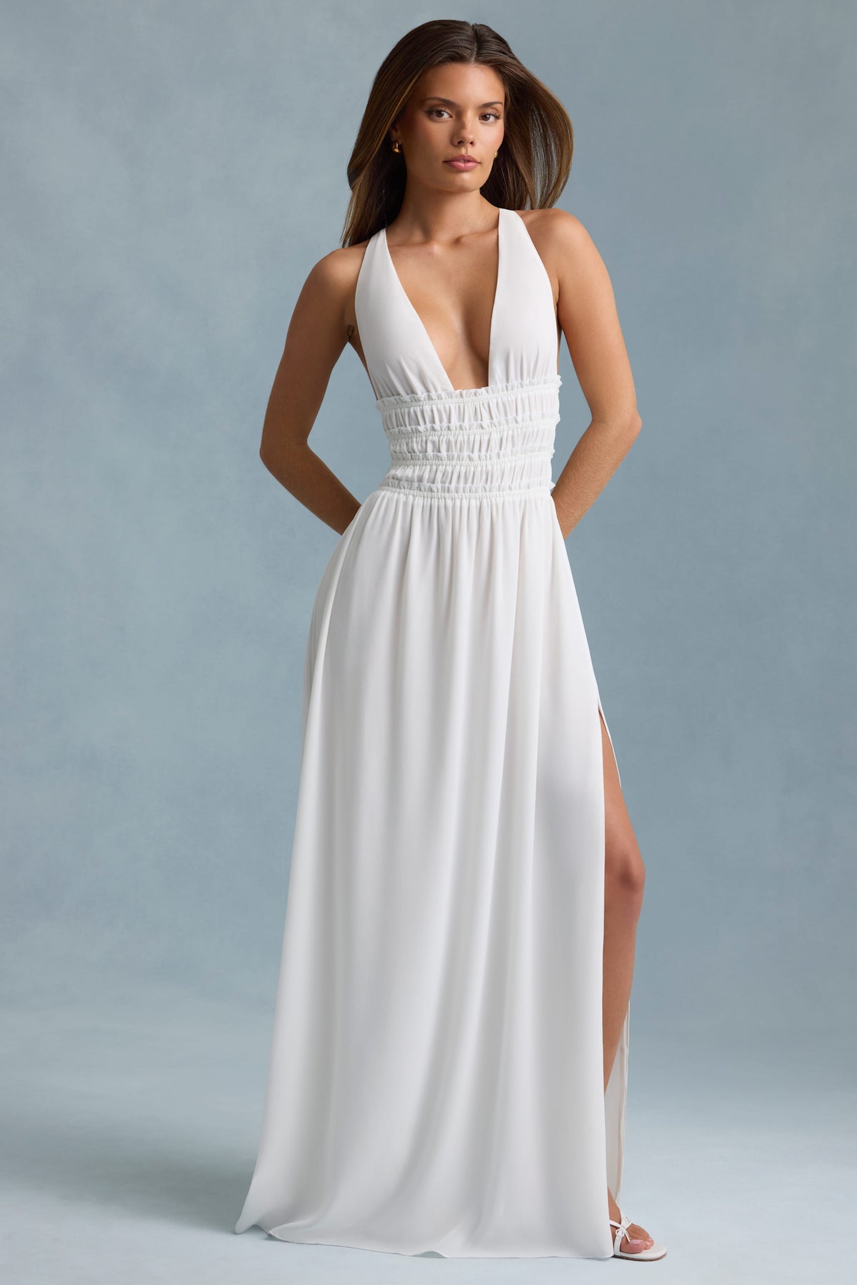 Plunge Cross-Back Maxi Dress in White