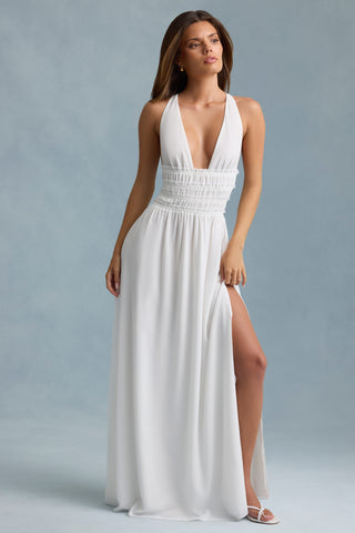 Plunge Cross-Back Maxi Dress in White