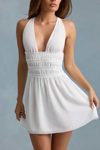 Plunge Cross-Back Mini Dress in White