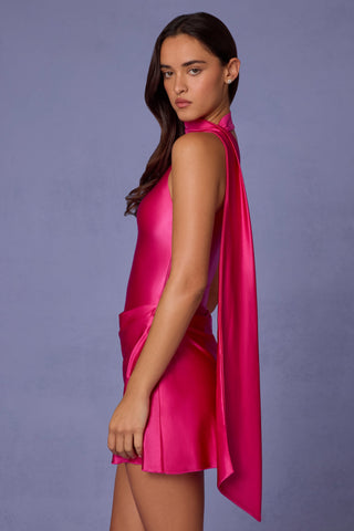 Asymmetric Scarf-Detail Mini Dress in Hot Pink
