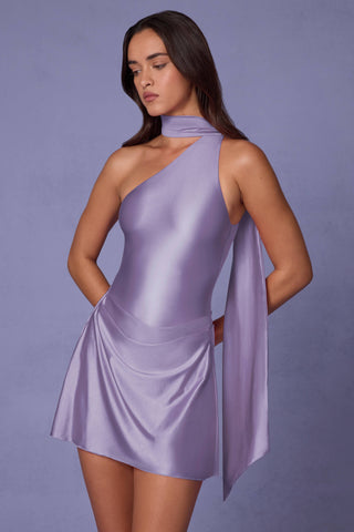 Asymmetric Scarf-Detail Mini Dress in Lilac