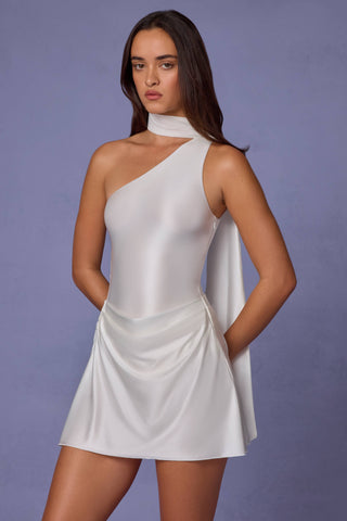Asymmetric Scarf-Detail Mini Dress in White