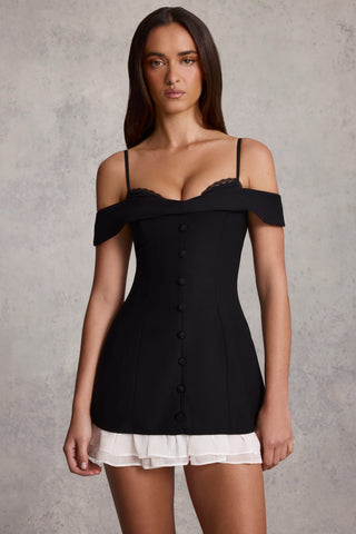 Off-Shoulder Ruffle A-Line Mini Dress in Black