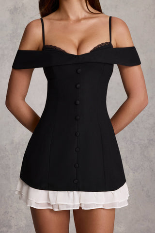 Off-Shoulder Ruffle A-Line Mini Dress in Black