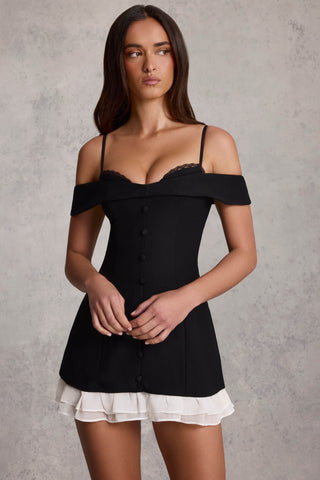 Off-Shoulder Ruffle A-Line Mini Dress in Black