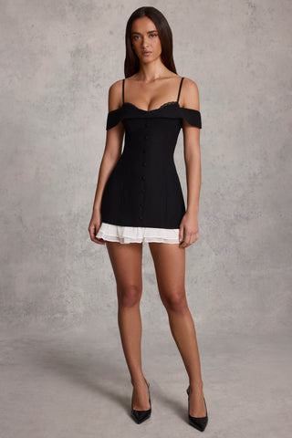 Off-Shoulder Ruffle A-Line Mini Dress in Black