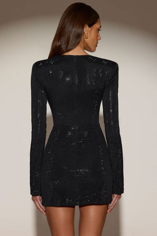 Embellished Asymmetric Bodycon Mini Dress in Black