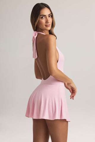 Modal Halterneck A-Line Mini Dress in Pastel Pink