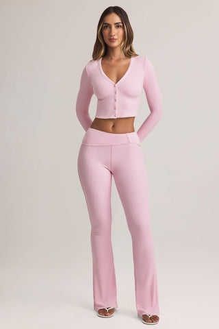 Modal Foldover Mid-Rise Flared Trousers in Pastel Pink