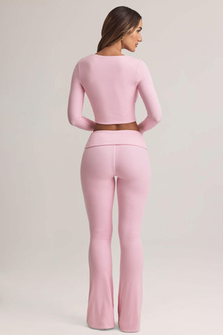 Modal Foldover Mid-Rise Flared Trousers in Pastel Pink