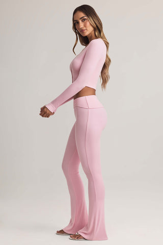 Modal Foldover Mid-Rise Flared Trousers in Pastel Pink