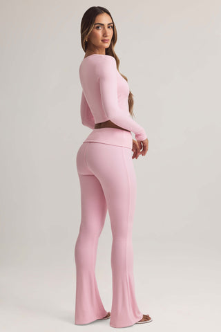 Modal Foldover Mid-Rise Flared Trousers in Pastel Pink