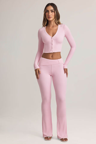 Modal Foldover Mid-Rise Flared Trousers in Pastel Pink