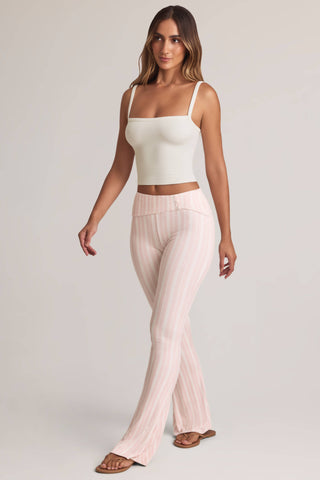 Modal Foldover Mid-Rise Flared Trousers in Stripe Print