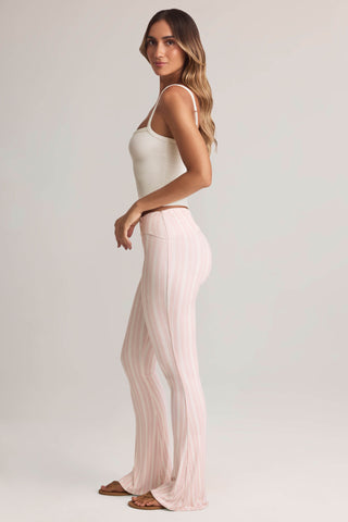 Modal Foldover Mid-Rise Flared Trousers in Stripe Print