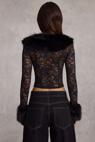 Faux Fur-Trim Lace Cardigan in Black