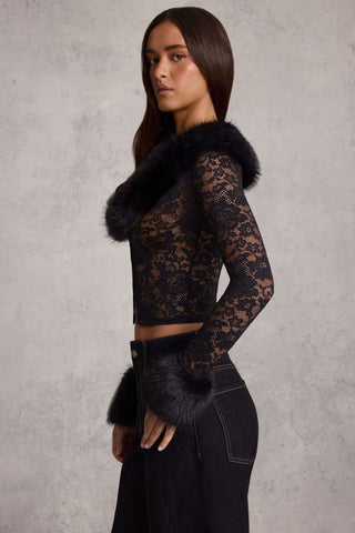 Faux Fur-Trim Lace Cardigan in Black
