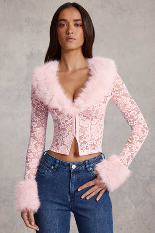 Faux Fur-Trim Lace Cardigan in Pink
