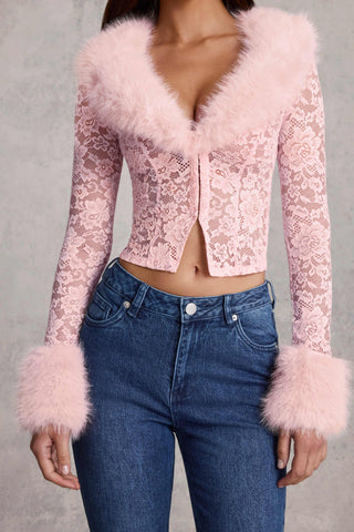 Faux Fur-Trim Lace Cardigan in Pink
