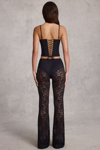 Mid-Rise Lace Flared Trousers in Black