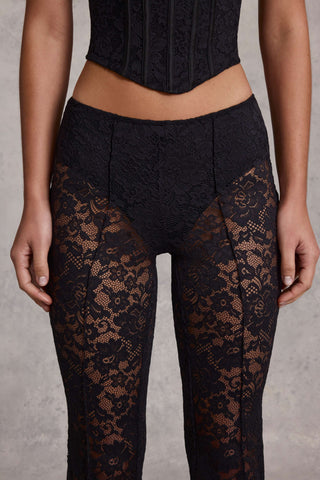 Mid-Rise Lace Flared Trousers in Black