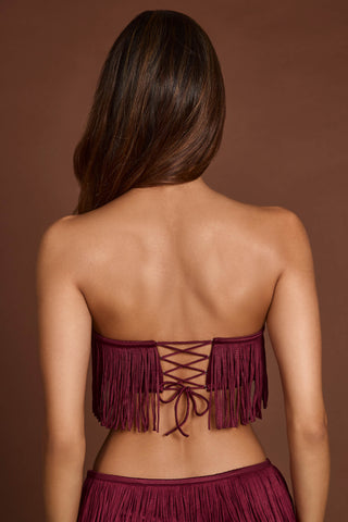 Fringed Bandeau Lace-up Crop Top in Wine Red
