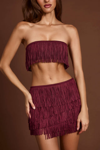 Fringed Bandeau Lace-up Crop Top in Wine Red