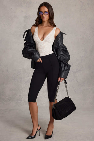 Plunge-Neck Lace Bodysuit in White