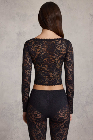 Plunge-Neck Long-Sleeve Lace Top in Black