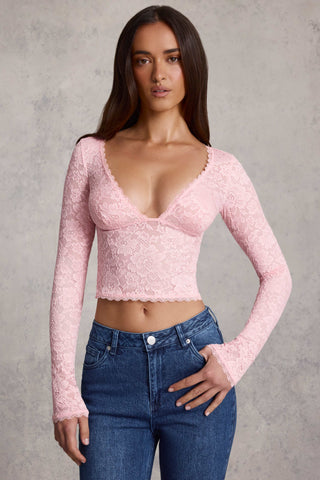Plunge-Neck Long-Sleeve Lace Top in Pink