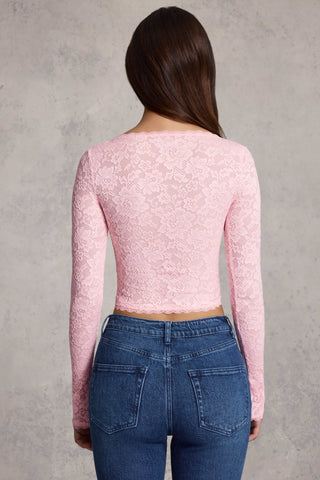 Plunge-Neck Long-Sleeve Lace Top in Pink