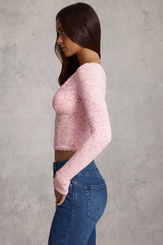 Plunge-Neck Long-Sleeve Lace Top in Pink