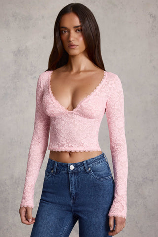 Plunge-Neck Long-Sleeve Lace Top in Pink