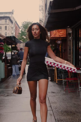 Ruched Backless Turtleneck Mini Dress in Black