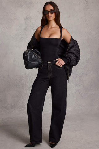 Ruched Square-Neck Top in Black