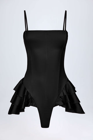 Ruffled Lace-Up Corset Playsuit in Black