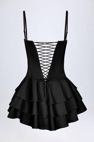 Ruffled Lace-Up Corset Playsuit in Black