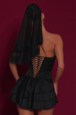 Ruffled Lace-Up Corset Playsuit in Black