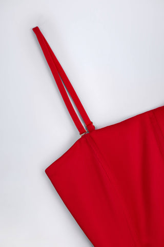 Ruffled Lace-Up Corset Playsuit in Fire Red