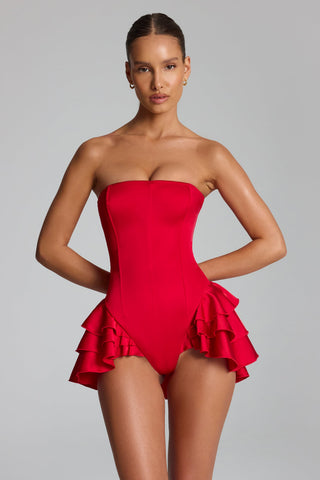 Ruffled Lace-Up Corset Playsuit in Fire Red