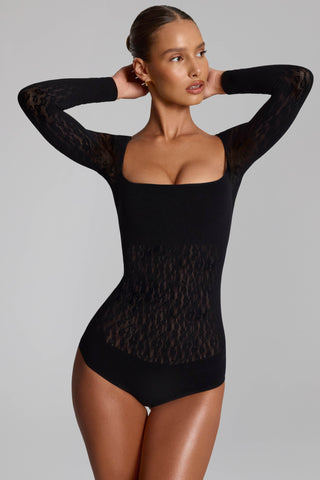 Cap-Sleeve Seamless Knit Bodysuit in Black