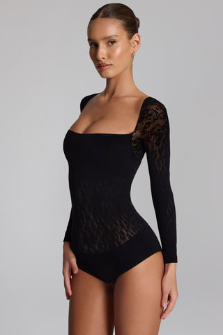 Cap-Sleeve Seamless Knit Bodysuit in Black