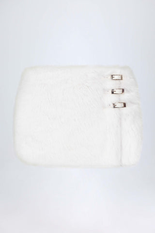 Buckle-Detail Faux Fur Micro Mini Skirt in White